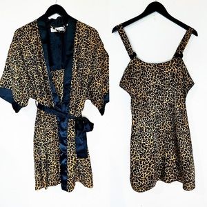 Vtg 80’s CONTESSA DI ROMA SATIN CHEMISE SLIP ROBE NIGHTGOWN LINGERIE LEOPARD
